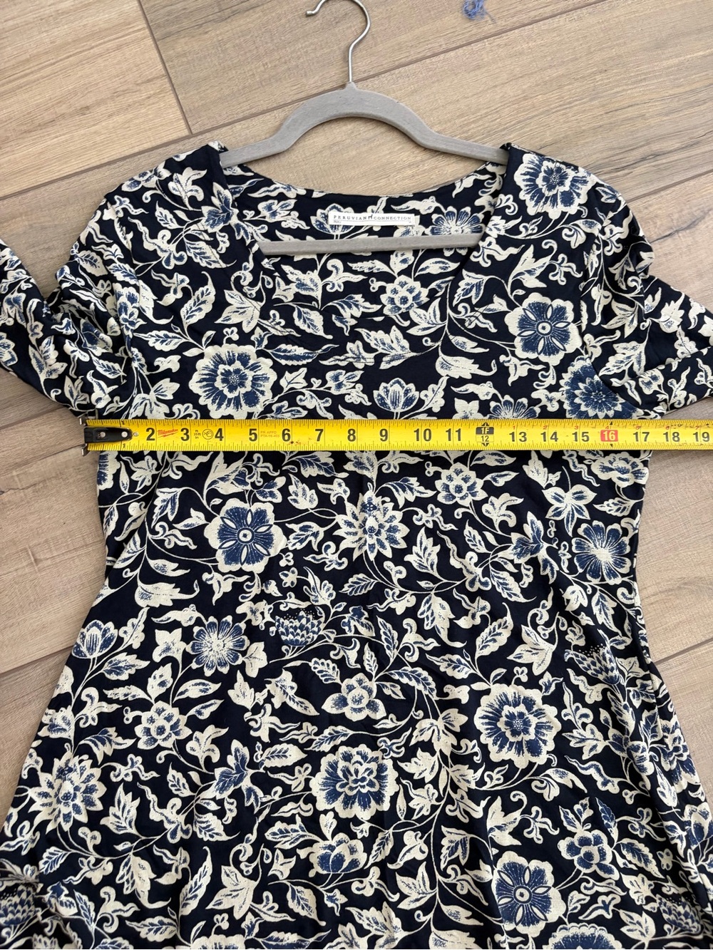 Peruvian Connection Blue Cream Black Floral Long Sleeve Tunic Boho Blouse M - Picture 6 of 7